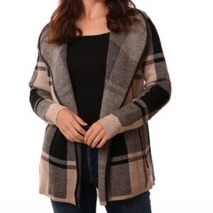 Metric leather trimmed beige black plaid open cardigan